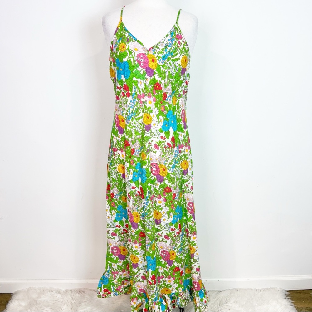 Floral Maxi Slip Dress with Spaghetti Straps - Green Multi
